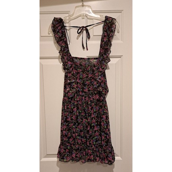 NWT Zara Black & Pink Floral Ruffle Square Neck Mini Dress Size Medium - Picture 1 of 8
